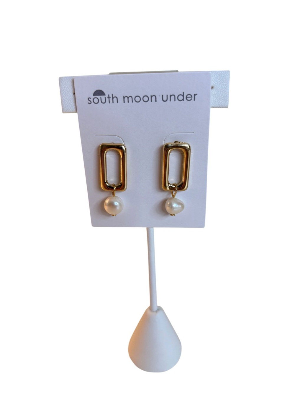 South Moon Under Gold Toned Rectangular Link Pearl Drop Earrings.